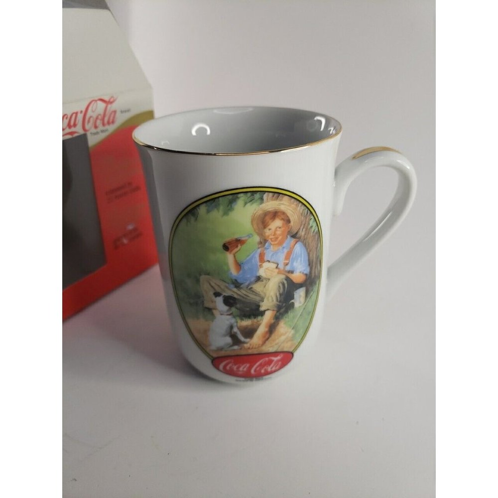 Vintage Coca Cola Collection, Norman Rockwell, Boy Gone Fishing, Gold Trim
